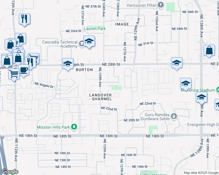 map of restaurants, bars, coffee shops, grocery stores, and more near 2417 Northeast 125th Avenue in Vancouver