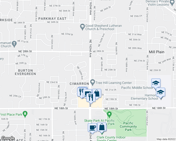 map of restaurants, bars, coffee shops, grocery stores, and more near 2319 Northeast 160th Loop in Vancouver