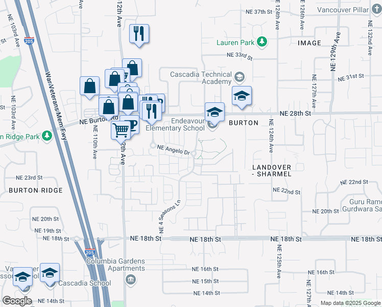 map of restaurants, bars, coffee shops, grocery stores, and more near 16111 Northeast Angelo Drive in Vancouver