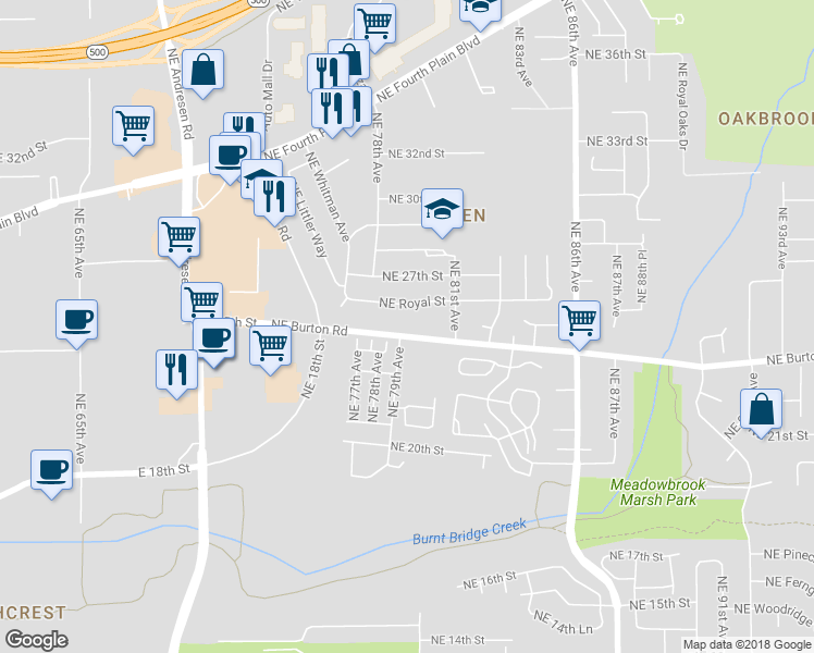 map of restaurants, bars, coffee shops, grocery stores, and more near 7900 Northeast Burton Road in Vancouver