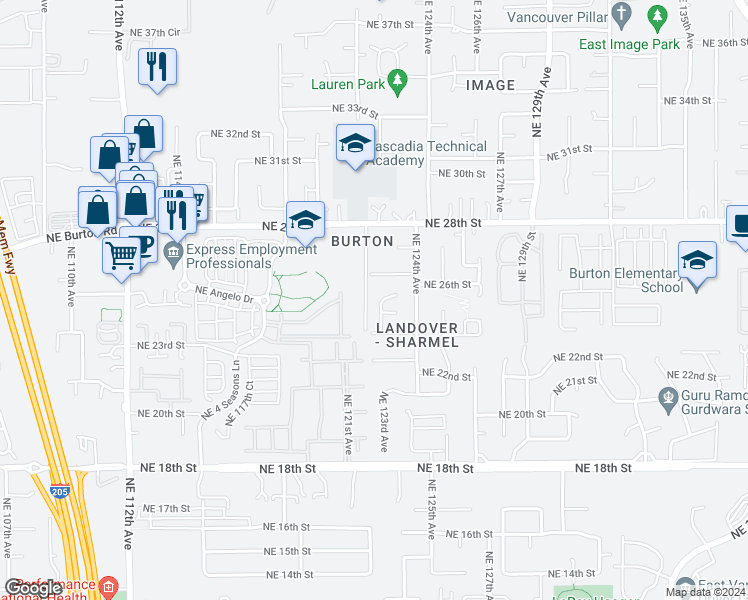 map of restaurants, bars, coffee shops, grocery stores, and more near 2506 Northeast 123rd Court in Vancouver