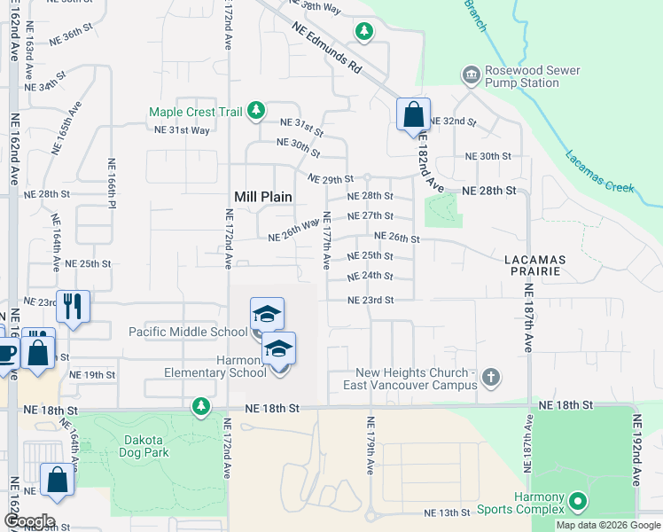 map of restaurants, bars, coffee shops, grocery stores, and more near 17701 Northeast 25th Street in Vancouver
