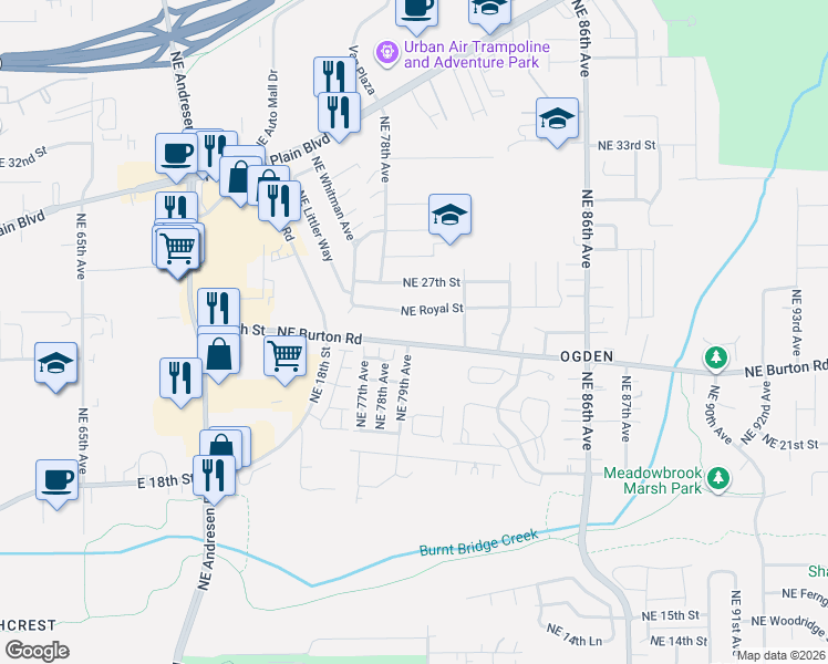 map of restaurants, bars, coffee shops, grocery stores, and more near 7900 Northeast Burton Road in Vancouver