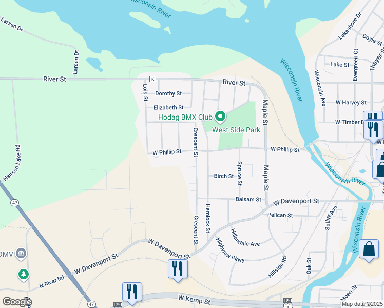 map of restaurants, bars, coffee shops, grocery stores, and more near 903 West Phillip Street in Rhinelander