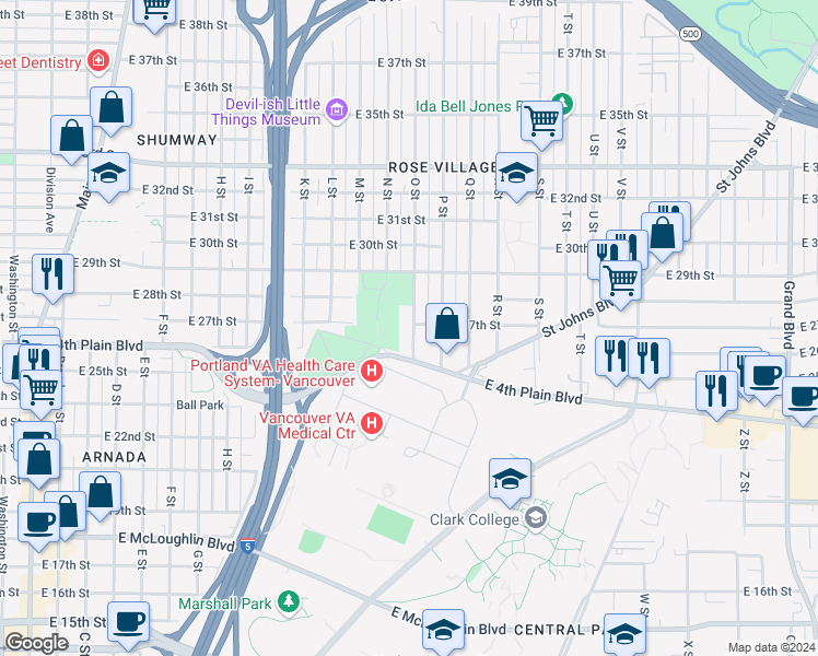 map of restaurants, bars, coffee shops, grocery stores, and more near 2618 O Street in Vancouver