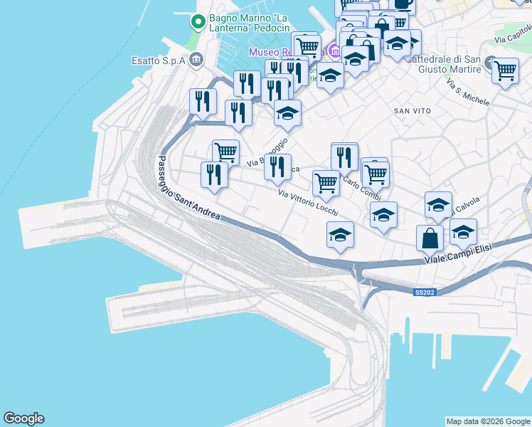 map of restaurants, bars, coffee shops, grocery stores, and more near 1 Largo Ugo Irneri in Trieste