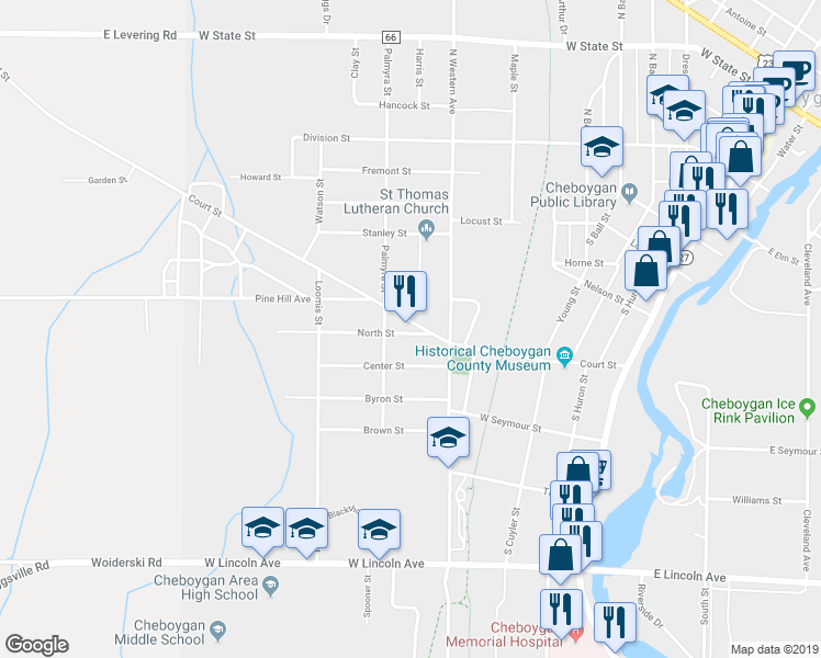 map of restaurants, bars, coffee shops, grocery stores, and more near 1101 Court Street in Cheboygan