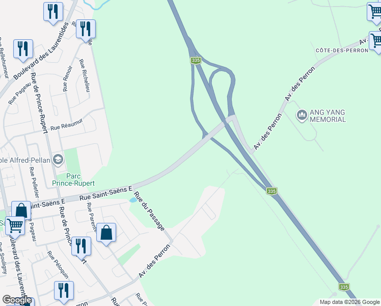 map of restaurants, bars, coffee shops, grocery stores, and more near Rue Saint-Saëns Est in Laval