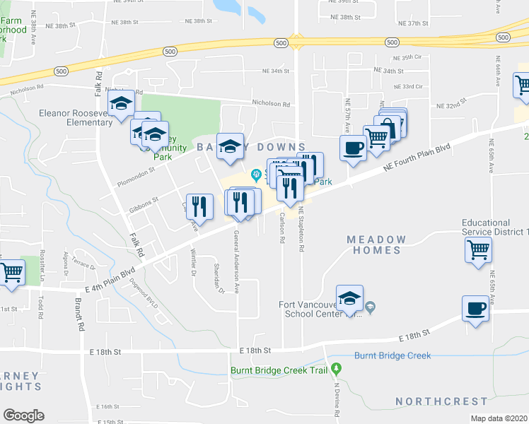 map of restaurants, bars, coffee shops, grocery stores, and more near 4200 Northeast Fourth Plain Boulevard in Vancouver