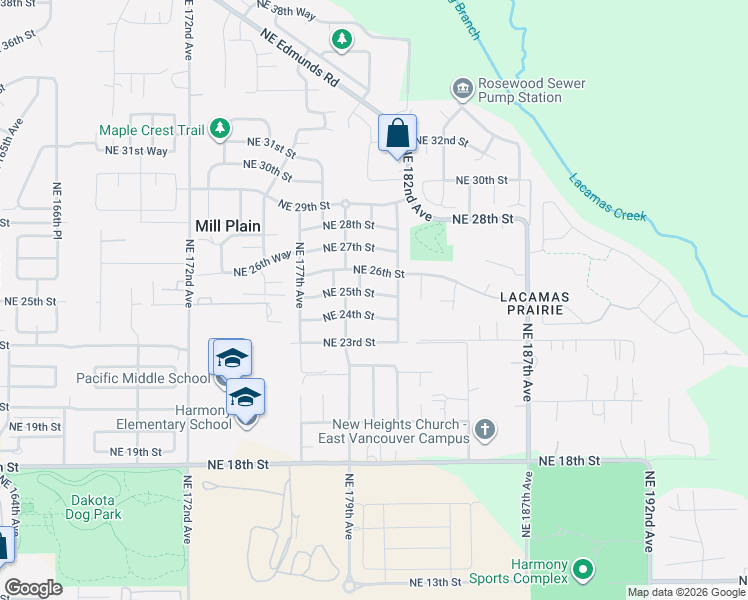 map of restaurants, bars, coffee shops, grocery stores, and more near 18009 Northeast 25th Street in Vancouver