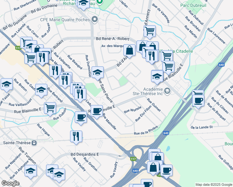 map of restaurants, bars, coffee shops, grocery stores, and more near 208 Avenue de Chambéry in Sainte-Thérèse
