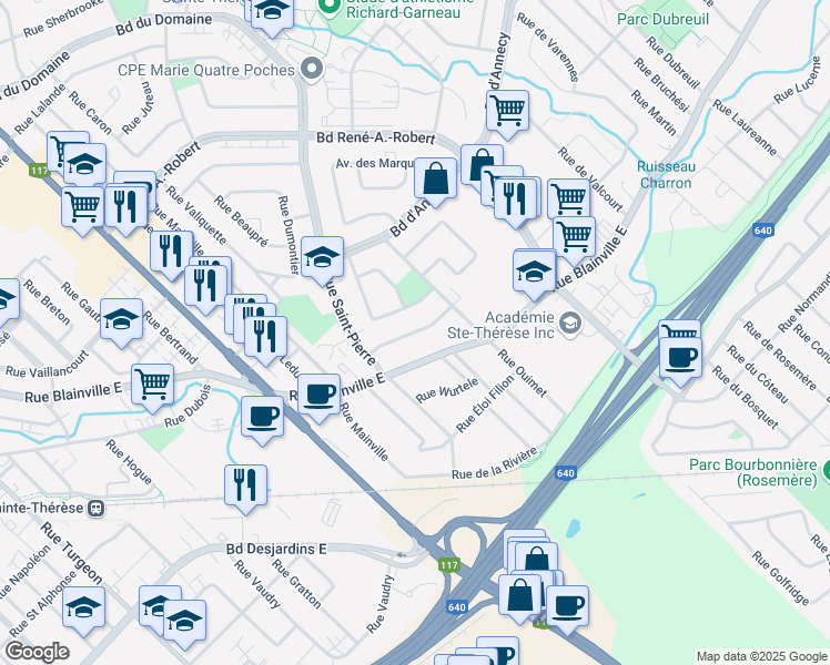 map of restaurants, bars, coffee shops, grocery stores, and more near Avenue de Chambéry in Sainte-Thérèse
