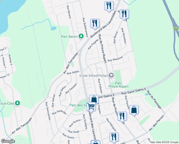 map of restaurants, bars, coffee shops, grocery stores, and more near 6344 Rue Pageau in Laval