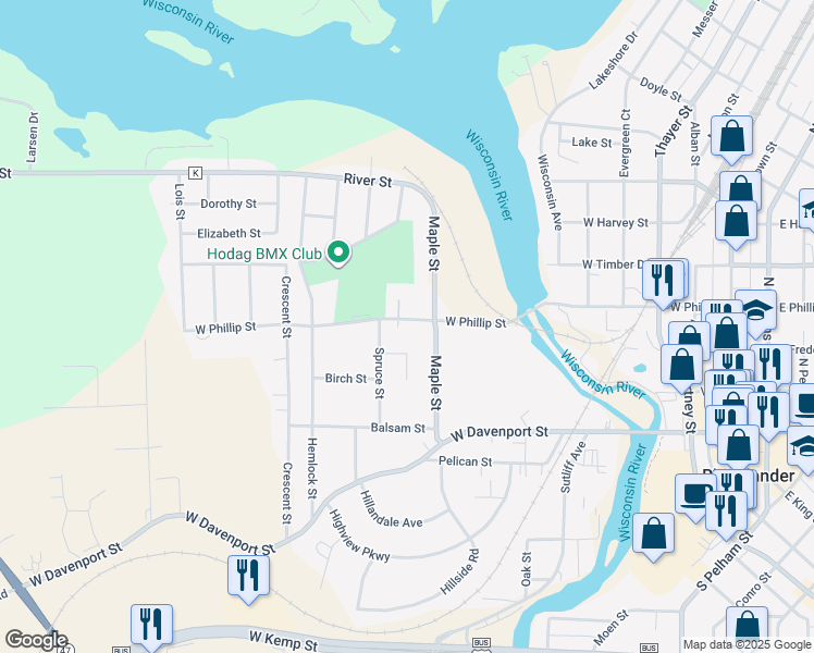 map of restaurants, bars, coffee shops, grocery stores, and more near 725 West Phillip Street in Rhinelander