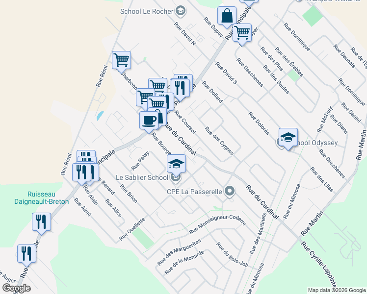 map of restaurants, bars, coffee shops, grocery stores, and more near 219 Rue du Cardinal in Saint-Amable
