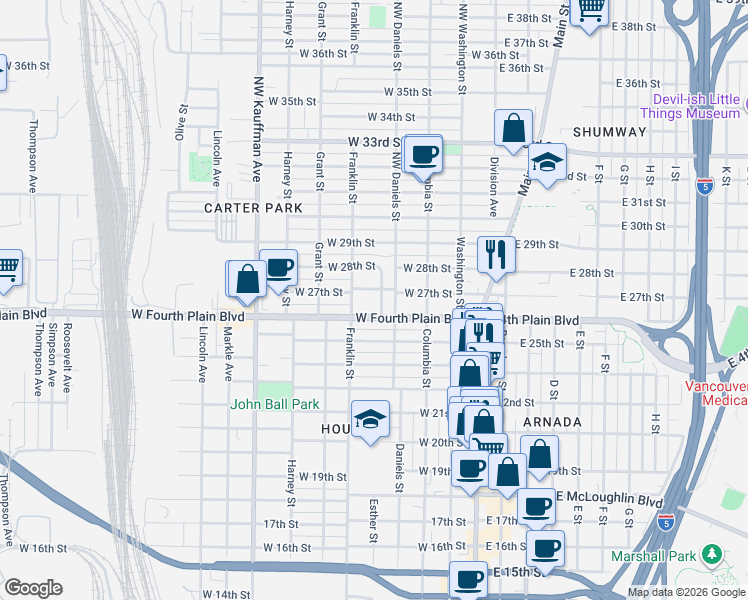 map of restaurants, bars, coffee shops, grocery stores, and more near 2612 Esther Street in Vancouver