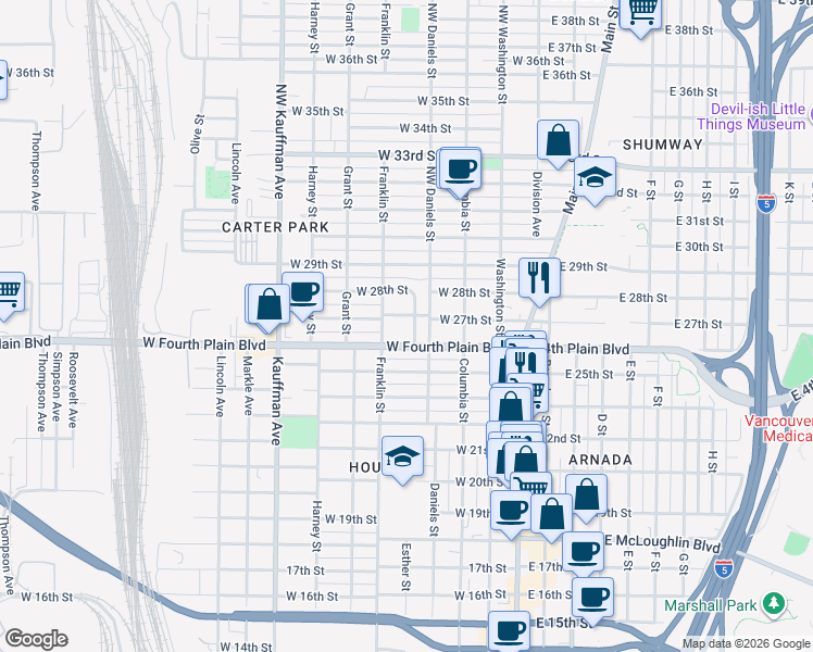 map of restaurants, bars, coffee shops, grocery stores, and more near 2612 Esther Street in Vancouver