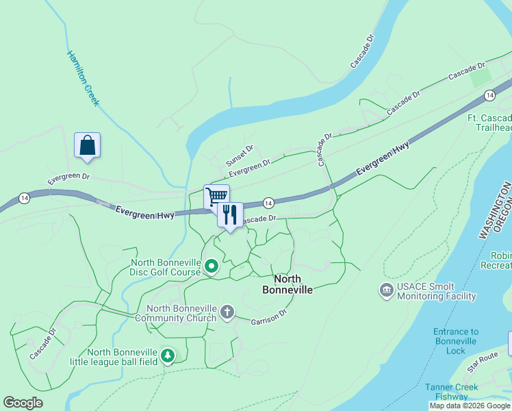 map of restaurants, bars, coffee shops, grocery stores, and more near Evergreen Highway in North Bonneville