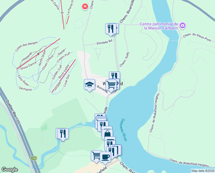 map of restaurants, bars, coffee shops, grocery stores, and more near 5 Place des Trois Érables in Wakefield