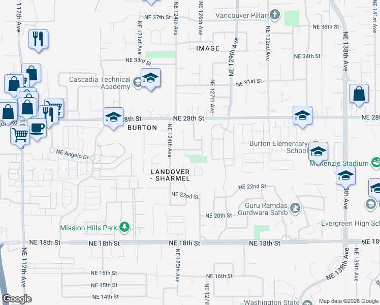 map of restaurants, bars, coffee shops, grocery stores, and more near 2417 Northeast 125th Avenue in Vancouver