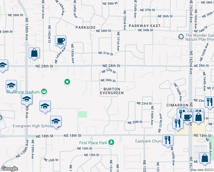 map of restaurants, bars, coffee shops, grocery stores, and more near 15001 Northeast 25th Street in Vancouver