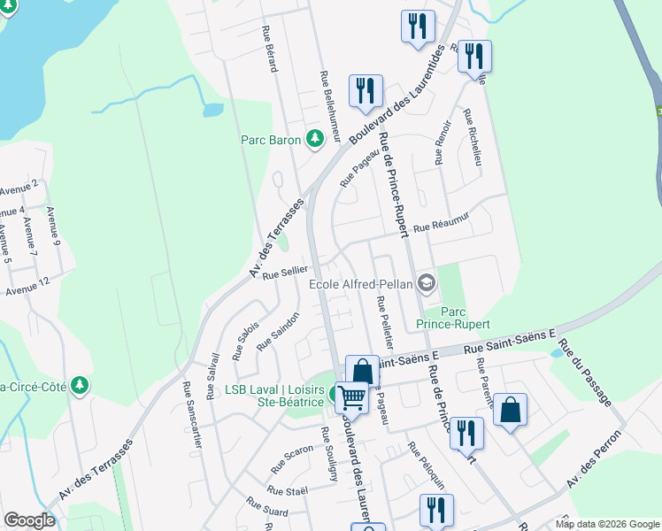 map of restaurants, bars, coffee shops, grocery stores, and more near 318 Rue Réaumur in Laval