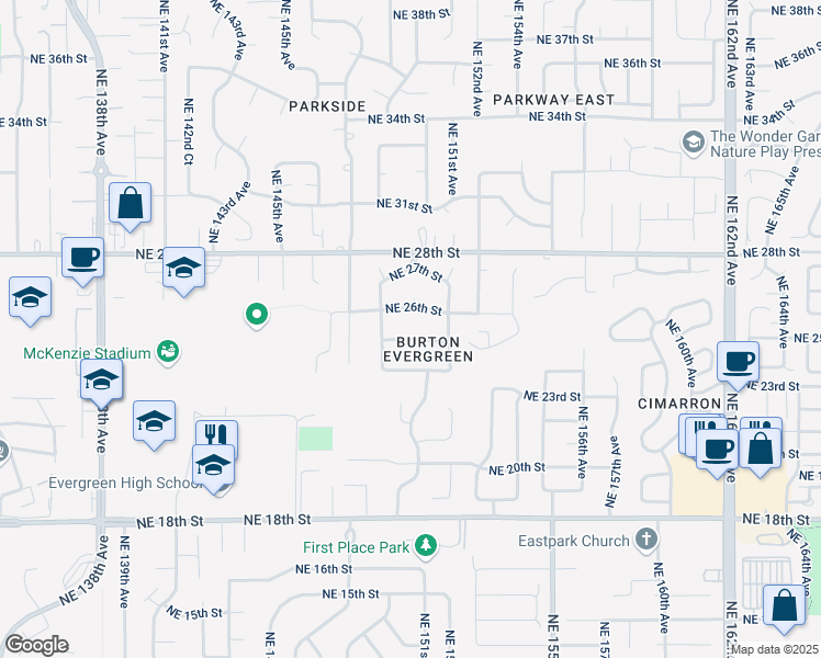 map of restaurants, bars, coffee shops, grocery stores, and more near 15001 Northeast 25th Street in Vancouver