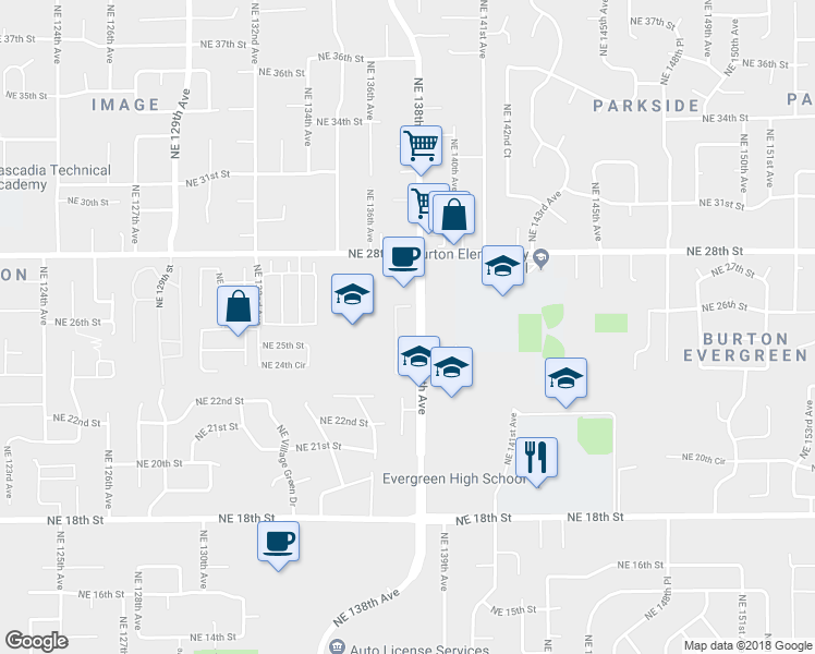 map of restaurants, bars, coffee shops, grocery stores, and more near 2501 Northeast 138th Avenue in Vancouver
