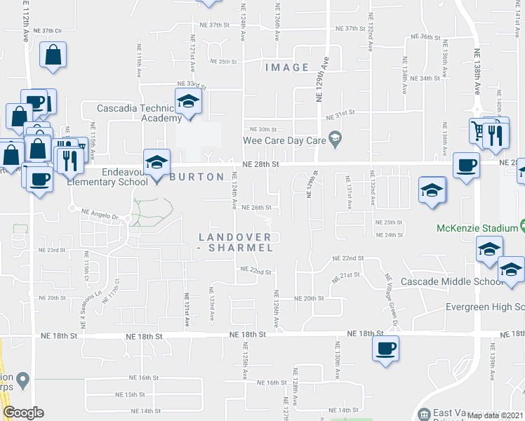 map of restaurants, bars, coffee shops, grocery stores, and more near 2417 Northeast 125th Avenue in Vancouver