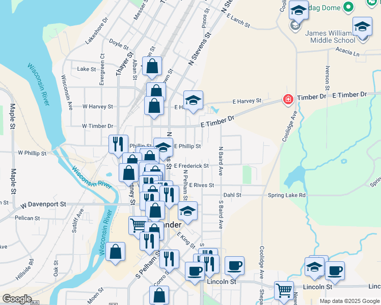 map of restaurants, bars, coffee shops, grocery stores, and more near 127 East Frederick Street in Rhinelander