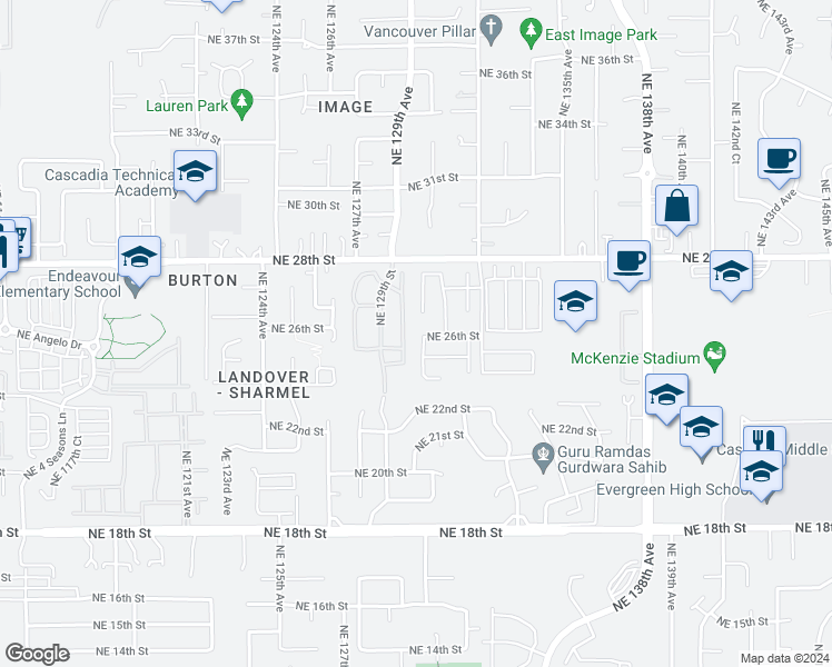 map of restaurants, bars, coffee shops, grocery stores, and more near 13000 Northeast 26th Street in Vancouver