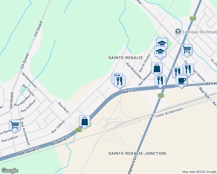 map of restaurants, bars, coffee shops, grocery stores, and more near 4100 Impasse de l'Anse in Saint-Hyacinthe