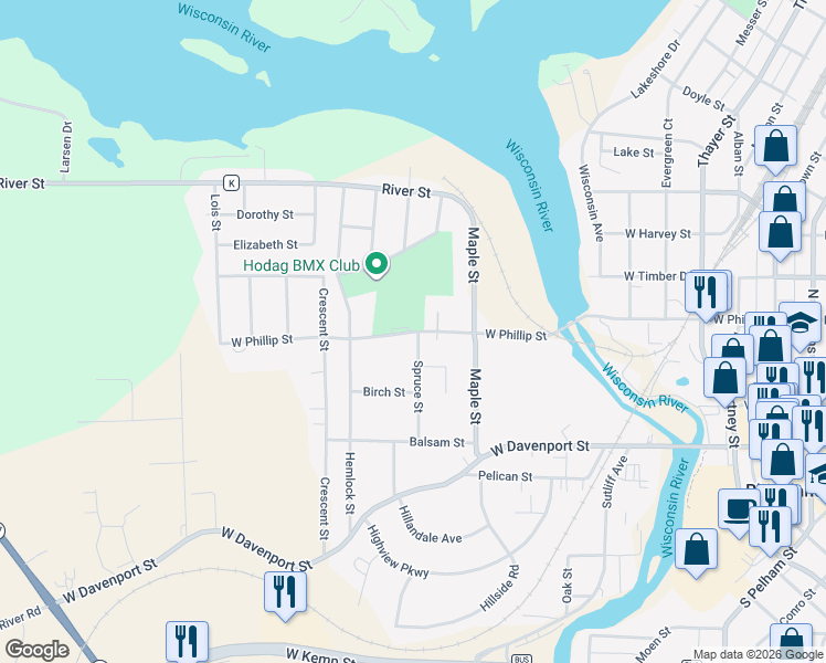 map of restaurants, bars, coffee shops, grocery stores, and more near 835 West Phillip Street in Rhinelander