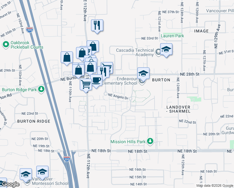 map of restaurants, bars, coffee shops, grocery stores, and more near 11611 Northeast Angelo Drive in Vancouver