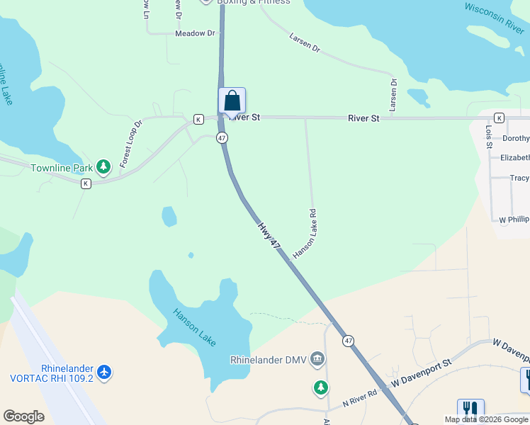 map of restaurants, bars, coffee shops, grocery stores, and more near 3610 Wisconsin 47 in Rhinelander