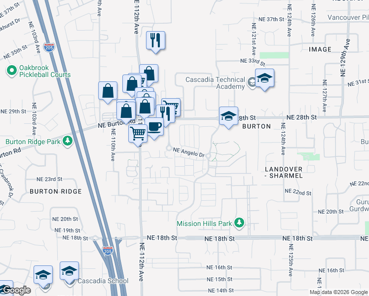 map of restaurants, bars, coffee shops, grocery stores, and more near 11611 Northeast Angelo Drive in Vancouver