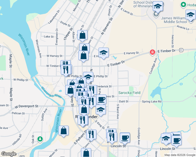 map of restaurants, bars, coffee shops, grocery stores, and more near 210 North Stevens Street in Rhinelander