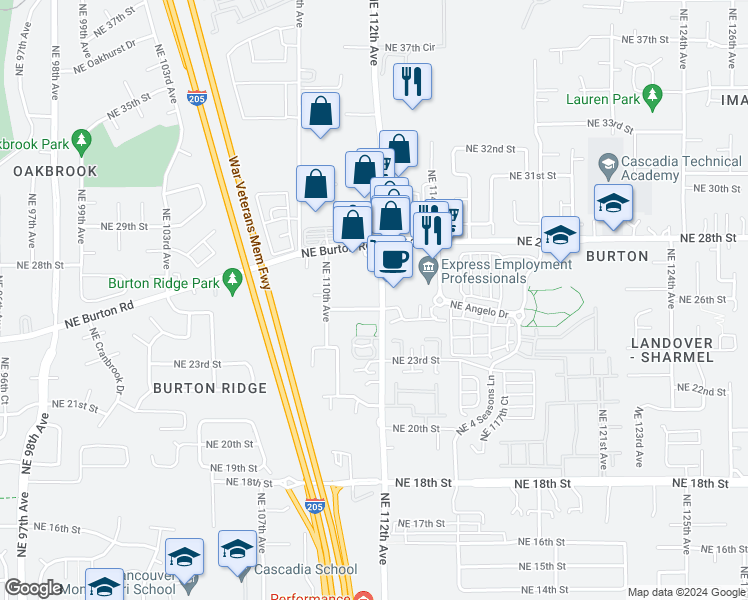 map of restaurants, bars, coffee shops, grocery stores, and more near 2516 Northeast 112th Avenue in Vancouver