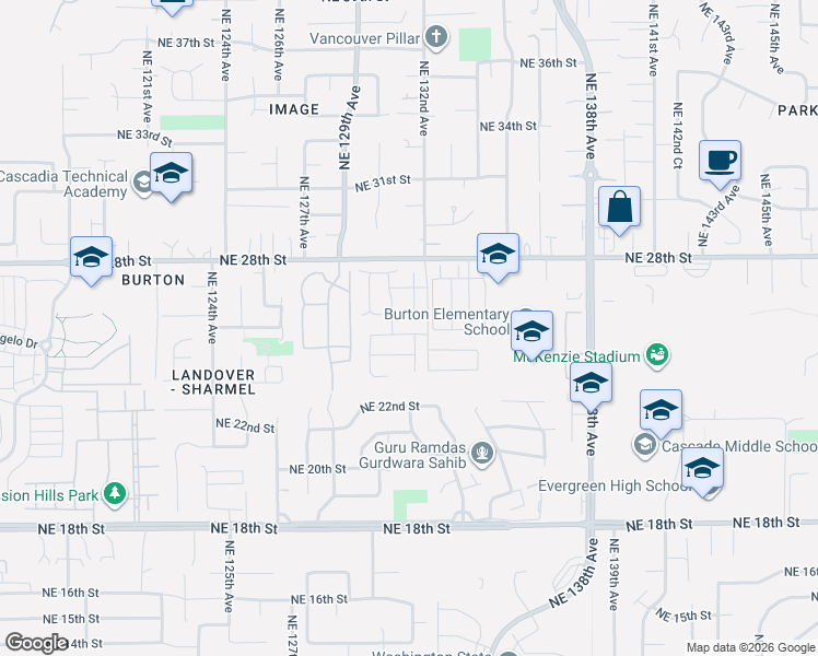 map of restaurants, bars, coffee shops, grocery stores, and more near 13108 Northeast 25th Street in Vancouver