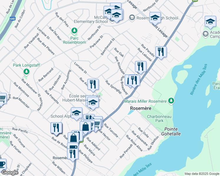 map of restaurants, bars, coffee shops, grocery stores, and more near 229 Rue Springhill in Rosemère