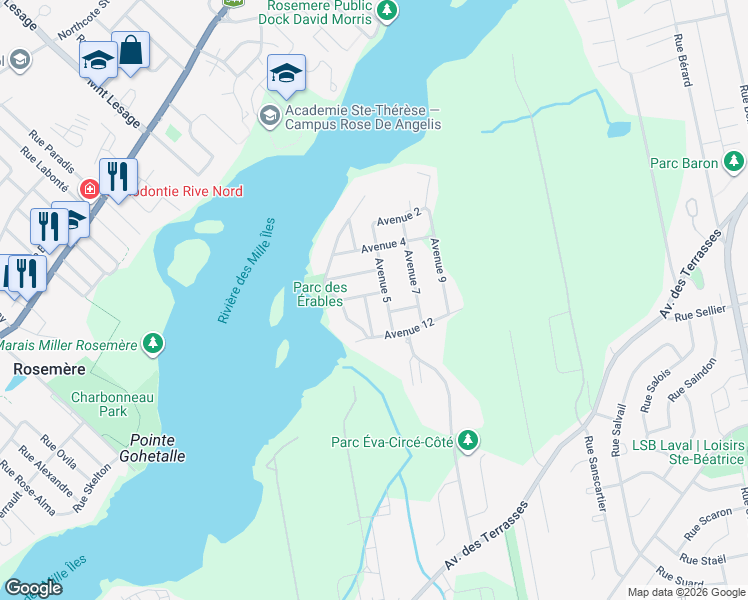 map of restaurants, bars, coffee shops, grocery stores, and more near 19 8e Av in Laval