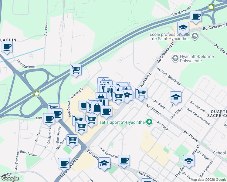 map of restaurants, bars, coffee shops, grocery stores, and more near 3250 Avenue Marie Rivier in Saint-Hyacinthe