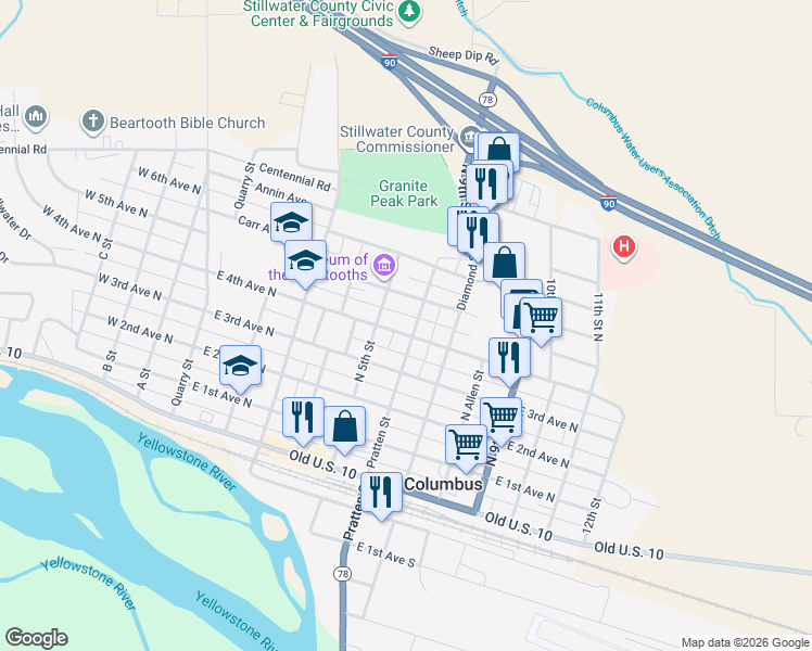map of restaurants, bars, coffee shops, grocery stores, and more near 301-399 Pratten Street in Columbus