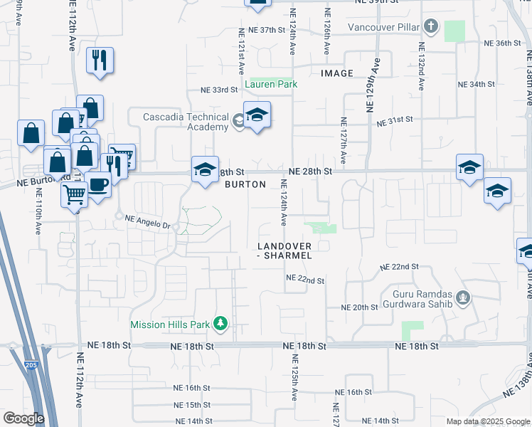 map of restaurants, bars, coffee shops, grocery stores, and more near 2506 Northeast 123rd Court in Vancouver