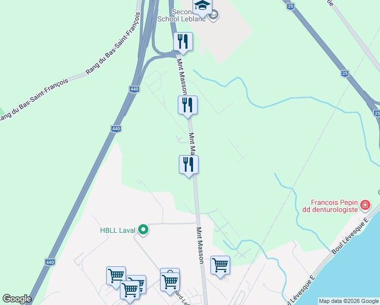 map of restaurants, bars, coffee shops, grocery stores, and more near 1455 A Montée Masson in Laval
