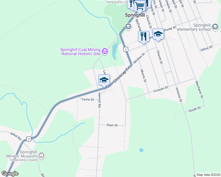 map of restaurants, bars, coffee shops, grocery stores, and more near 68 McGee Street in Springhill