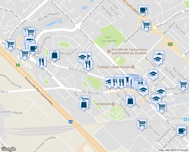 map of restaurants, bars, coffee shops, grocery stores, and more near 67 Rue Saint-Charles in Sainte-Thérèse