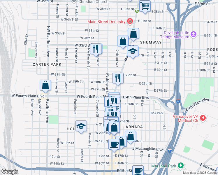 map of restaurants, bars, coffee shops, grocery stores, and more near 2701 Washington Street in Vancouver