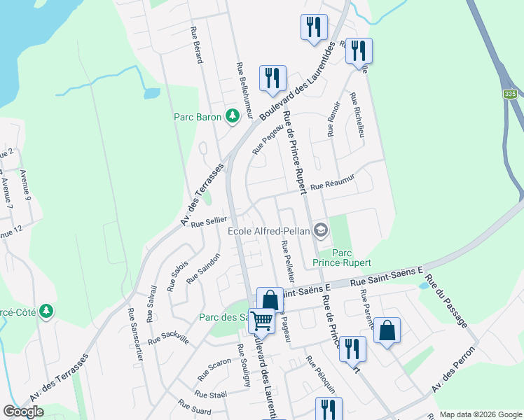 map of restaurants, bars, coffee shops, grocery stores, and more near 6359 Rue Pageau in Laval