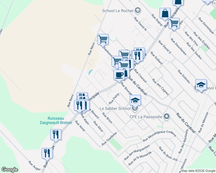 map of restaurants, bars, coffee shops, grocery stores, and more near 477 Rue Principale in Saint-Amable